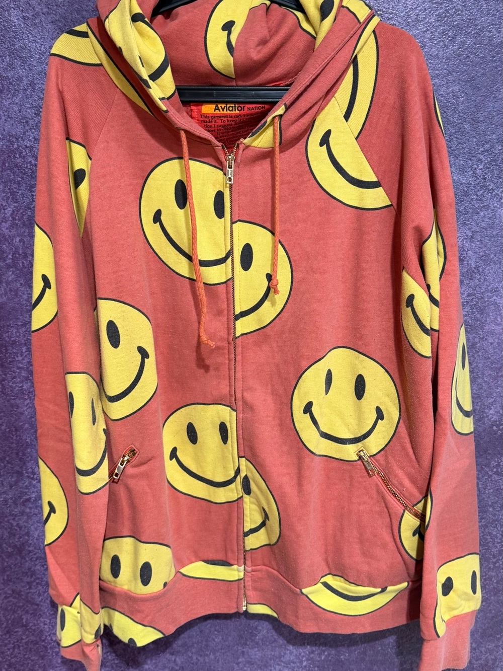Aviator Nation Coral Hoodie with Yellow Smiley Faces xl